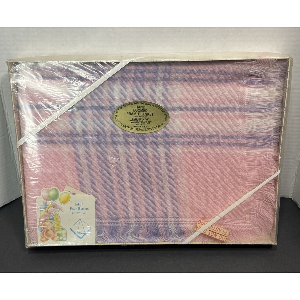 Vintage 70/80s NOS Hand Loomed Baby Pram Blanket 36x50 Pink Purple Plaid USA NEW